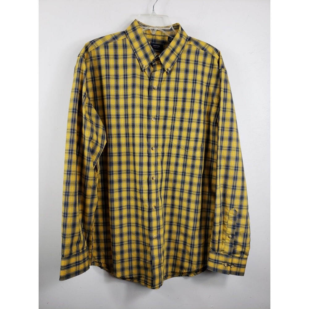 Arrow Mens Yellow & Navy Blue Plaid Button-Front Shirt Large